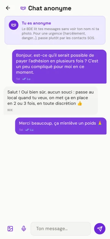 Chat anonyme : échange entre un étudiant anonyme et le bureau