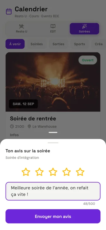 Feuille de notation d'une soirée : 5 étoiles sélectionnées et champ commentaire