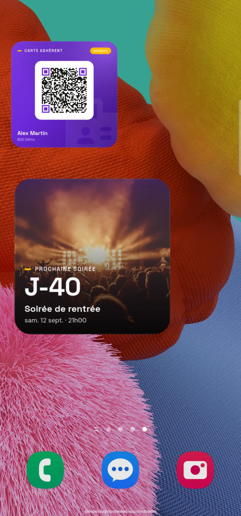 Écran d'accueil avec le widget carte adhérent et le widget prochaine soirée