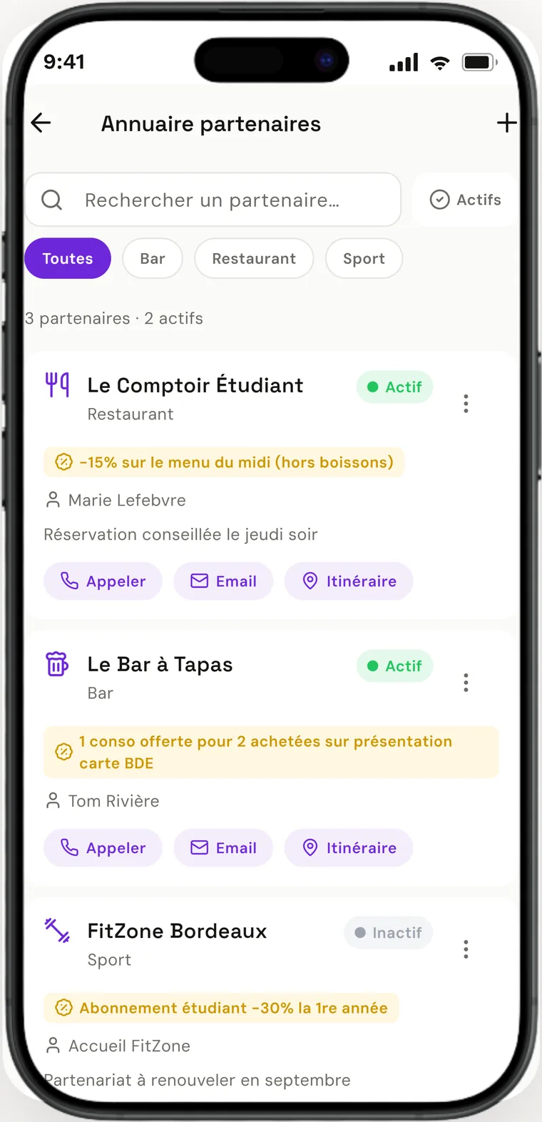 Annuaire des partenaires du BDE et de leurs offres.