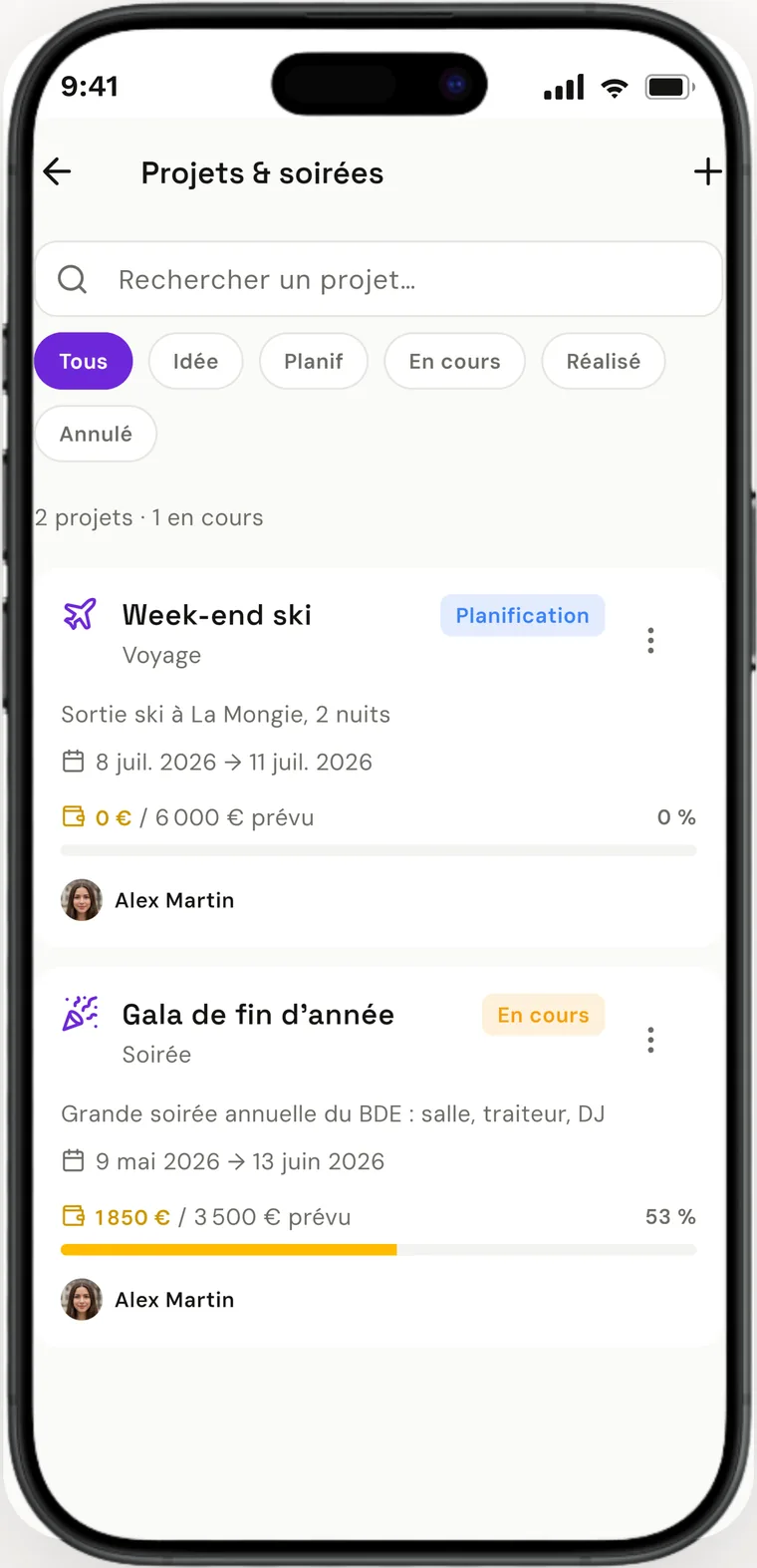 Projets et soirées : budget, checklist et équipe par événement.