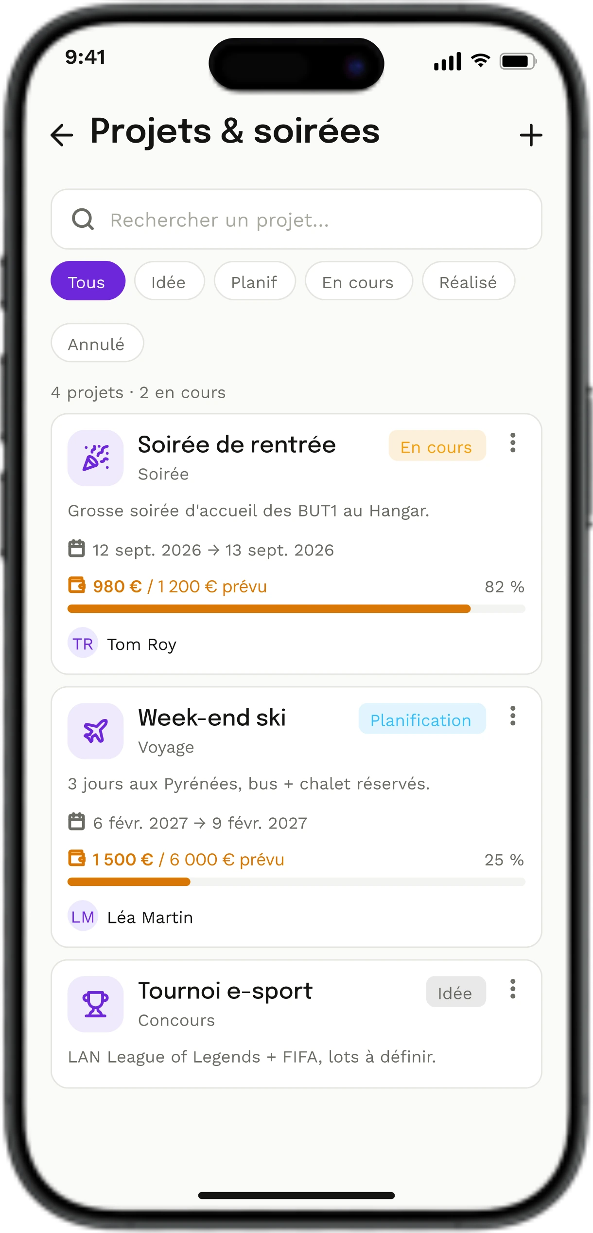 Projets et soirées : budget, checklist et équipe par événement.