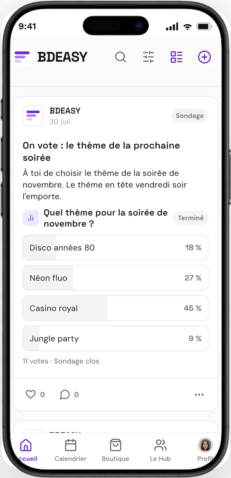 Feed d'actualité : publie des annonces, épingle tes posts, lance des sondages.