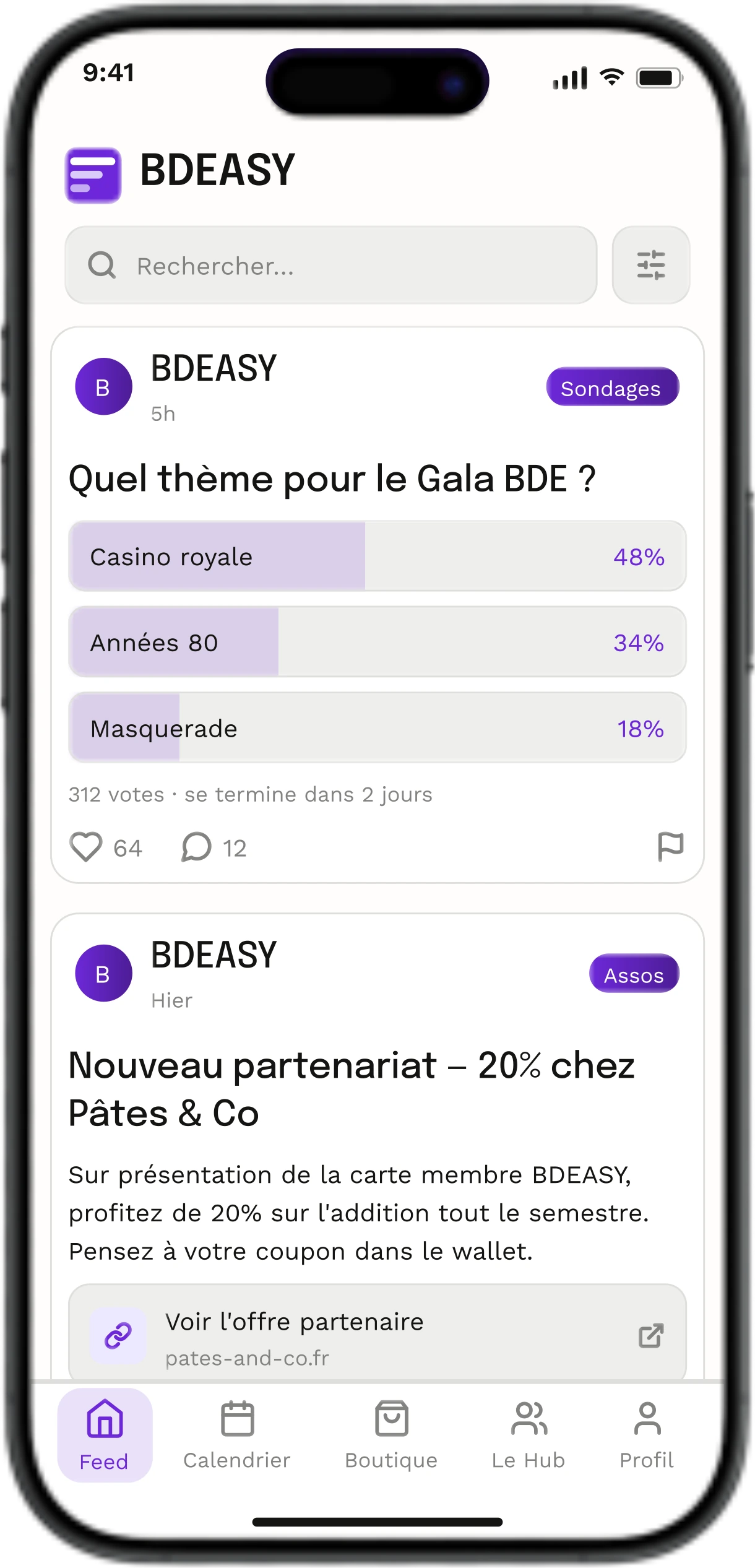 Feed d'actualité : publie des annonces, épingle tes posts, lance des sondages.