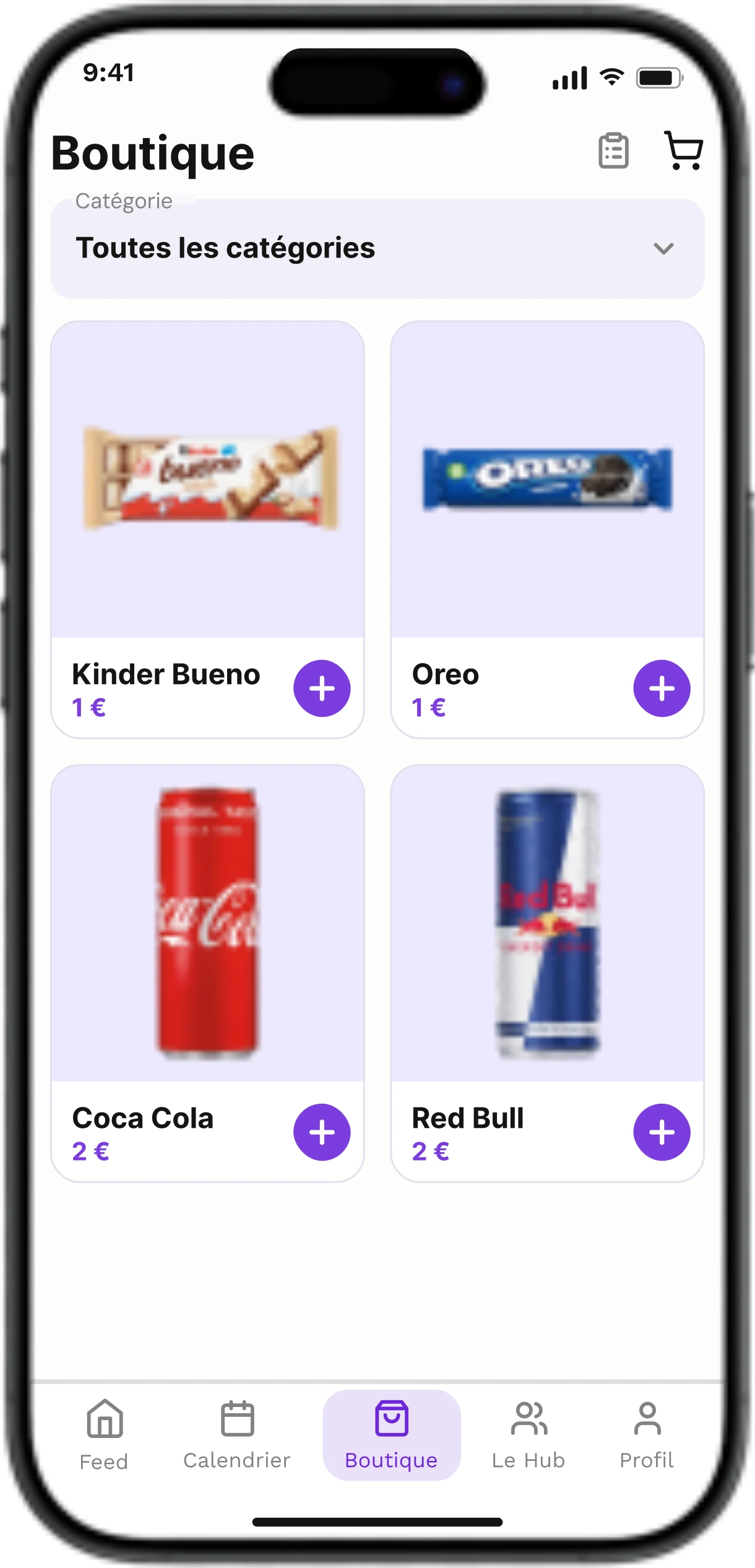 Catalogue boutique : boissons, goodies et places se vendent dans l'app.