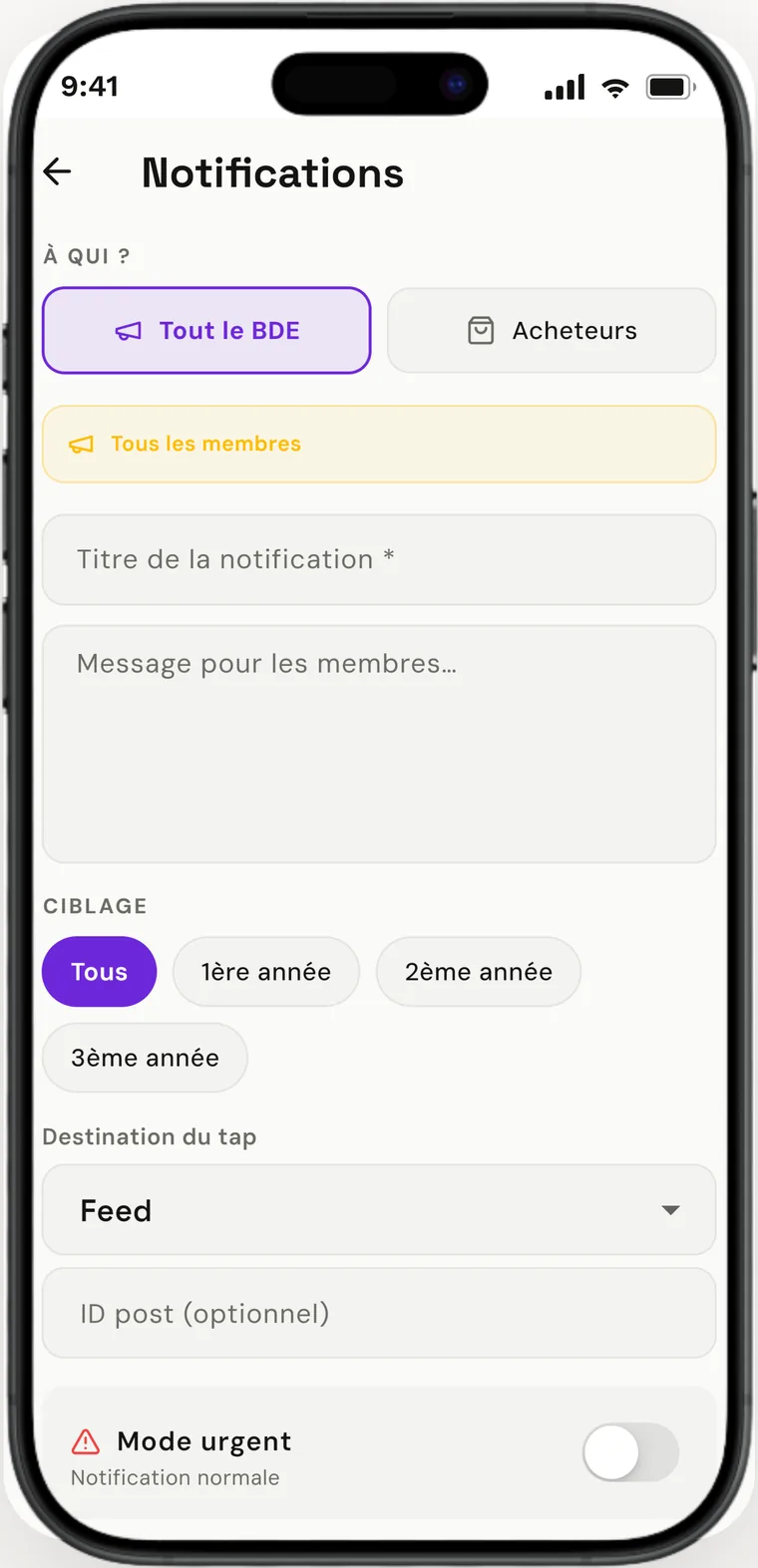 Notifications push : notifications ciblées par promo ou à tous les étudiants.