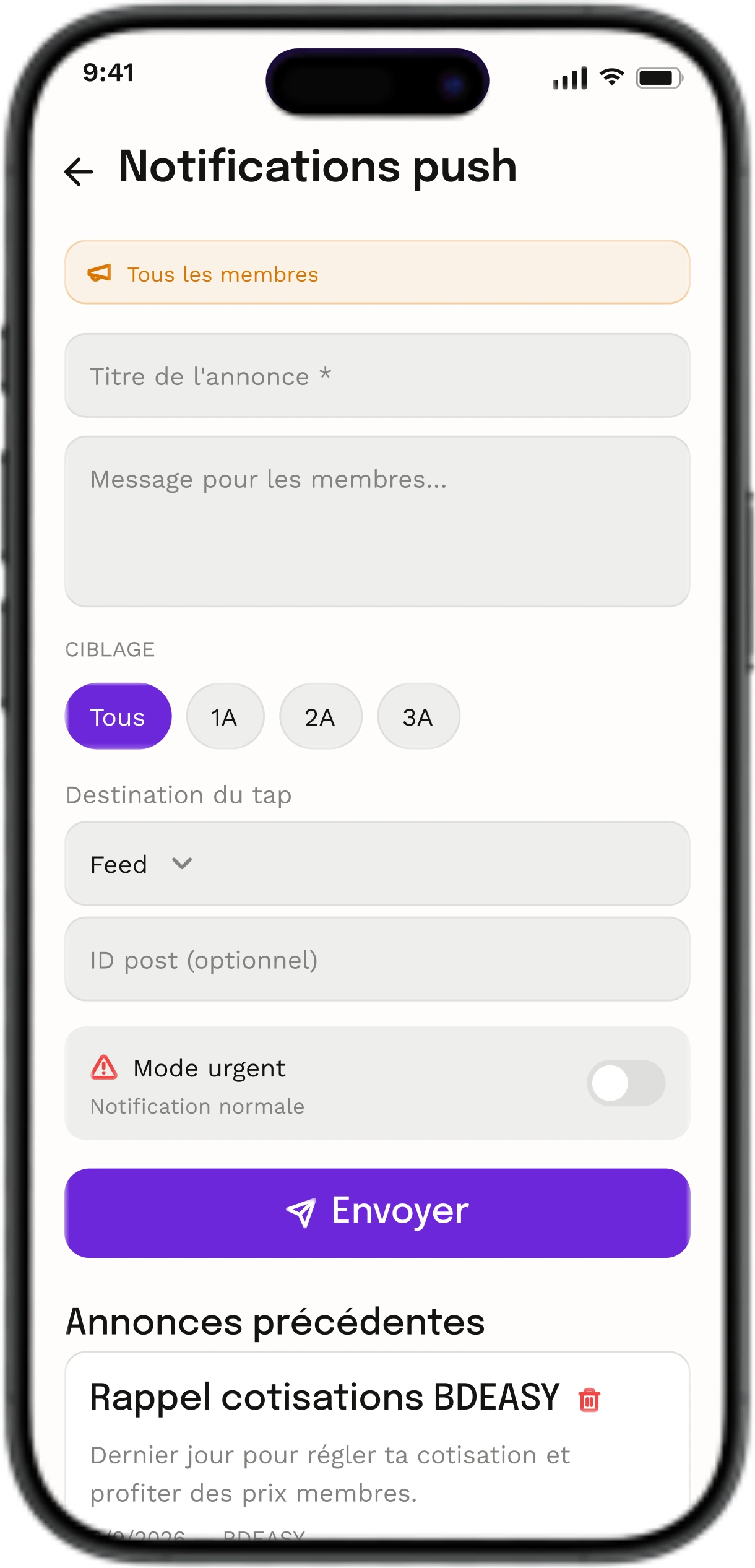 Notifications push : notifications ciblées par promo ou à tous les étudiants.