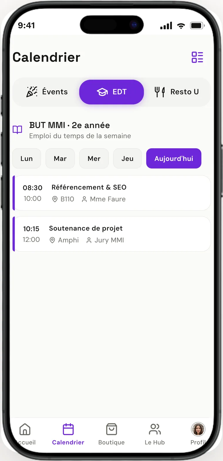 Emploi du temps de la promo, synchronisé dans l'app.