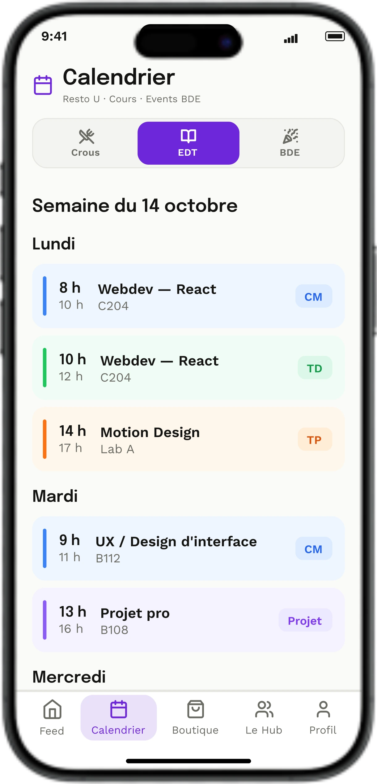 Emploi du temps de la promo, synchronisé dans l'app.