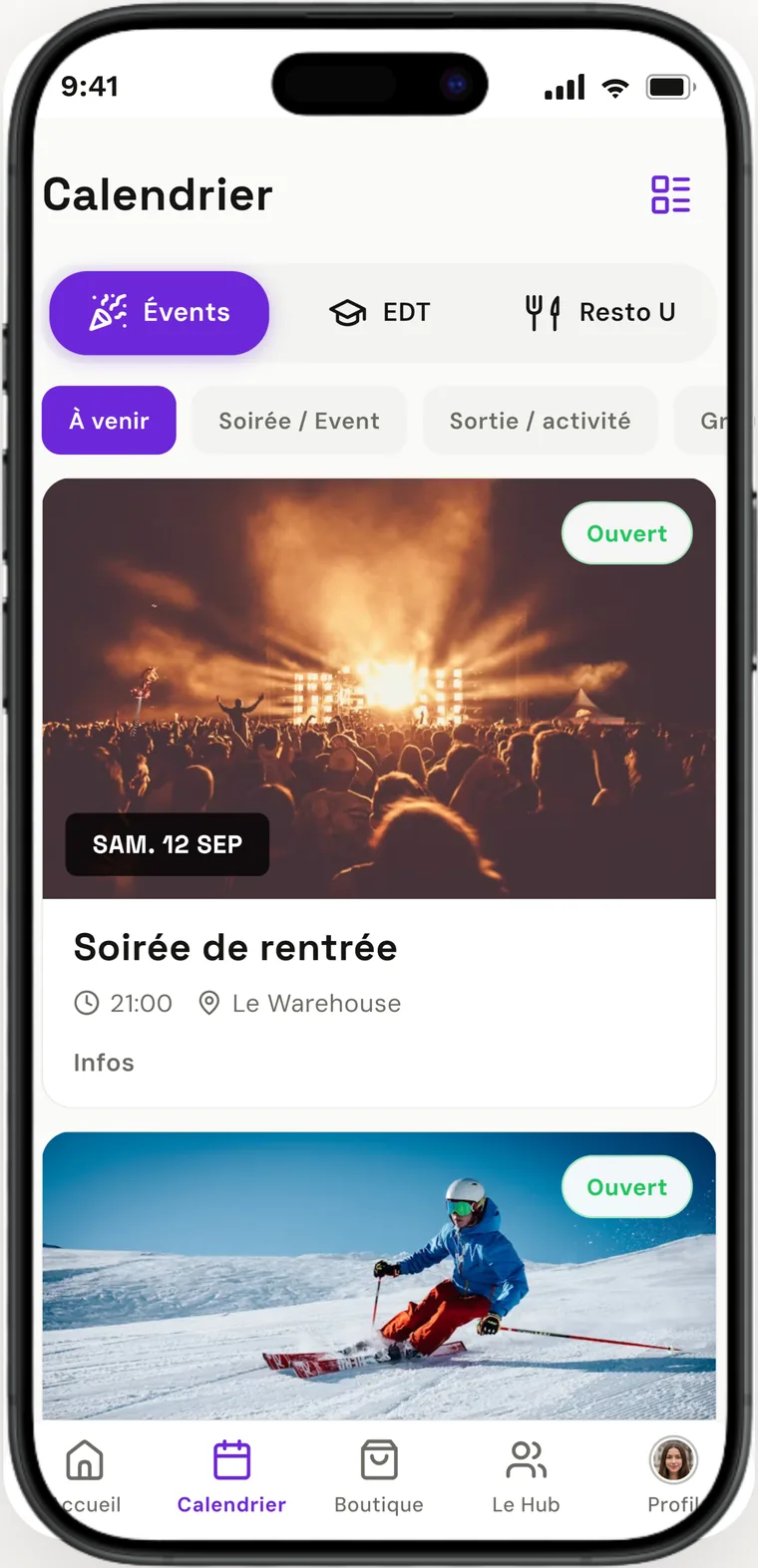 Événements et soirées du BDE avec billetterie intégrée.