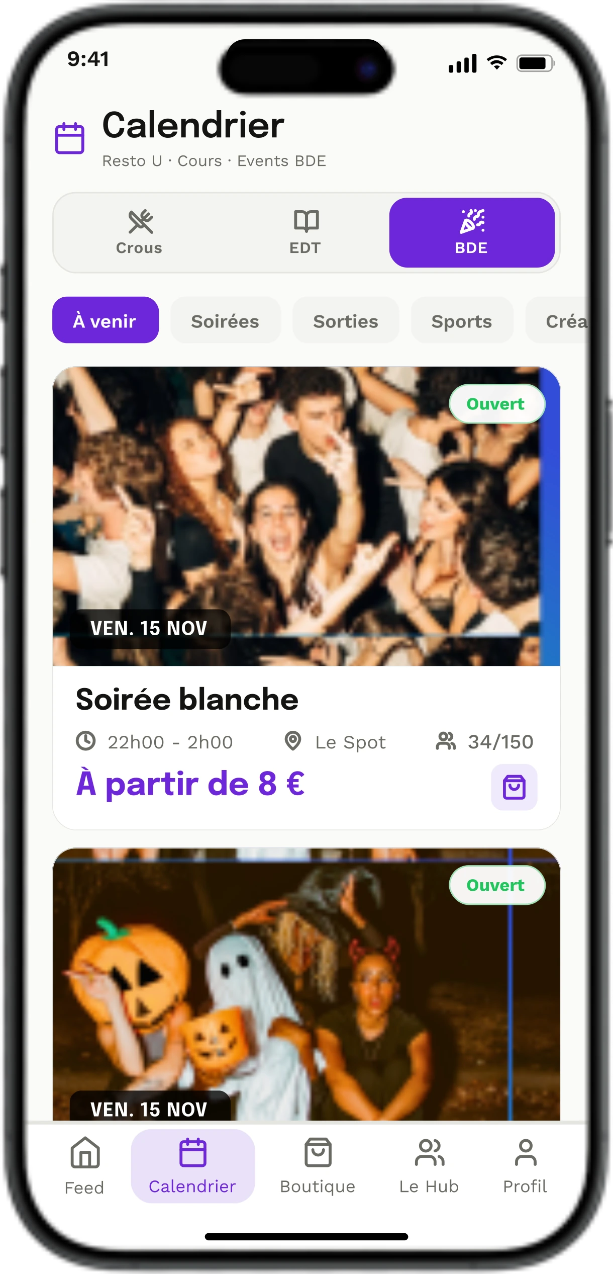 Événements et soirées du BDE avec billetterie intégrée.
