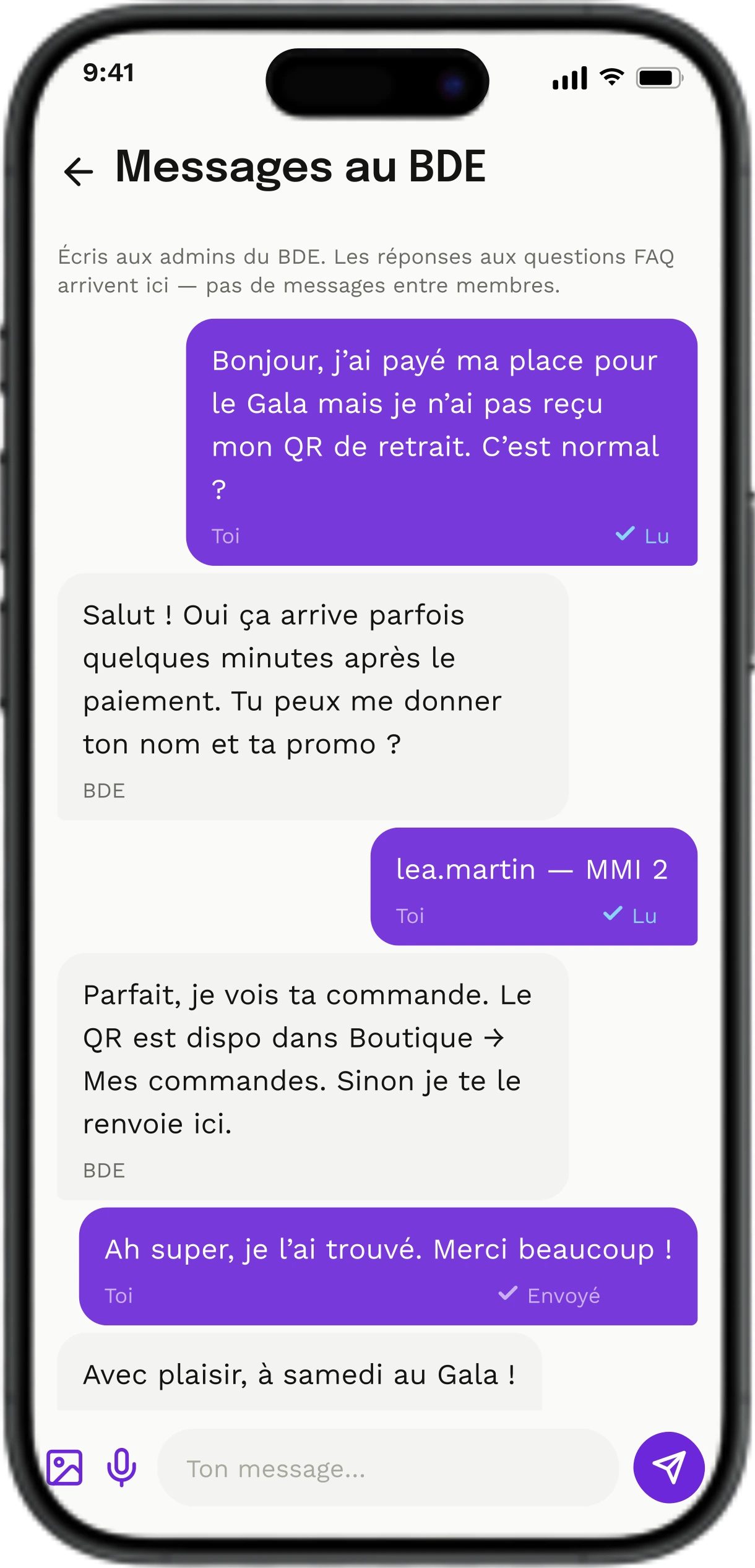 Messagerie directe avec le bureau, avec option anonyme.