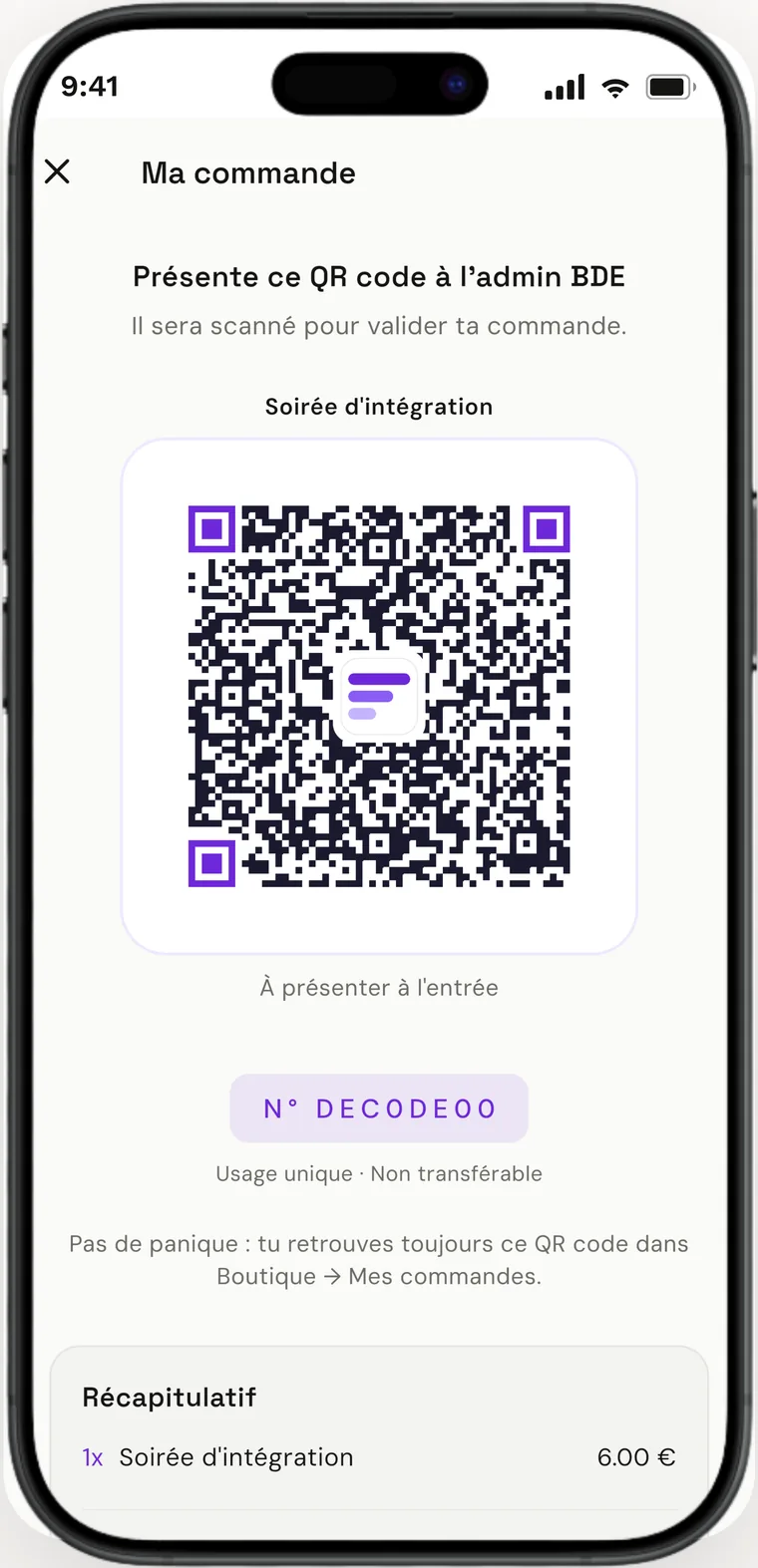 Commande avec QR code à présenter pour récupérer l'achat.