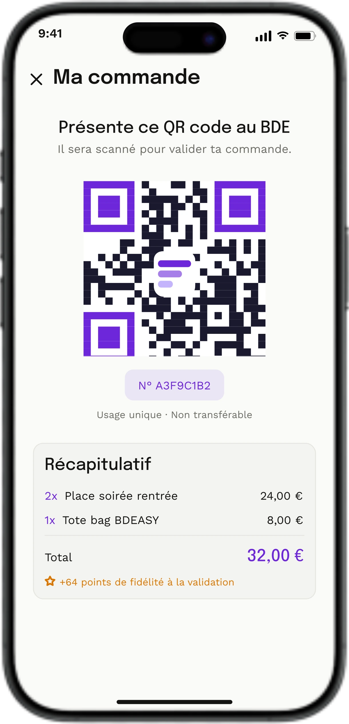 Commande avec QR code à présenter pour récupérer l'achat.